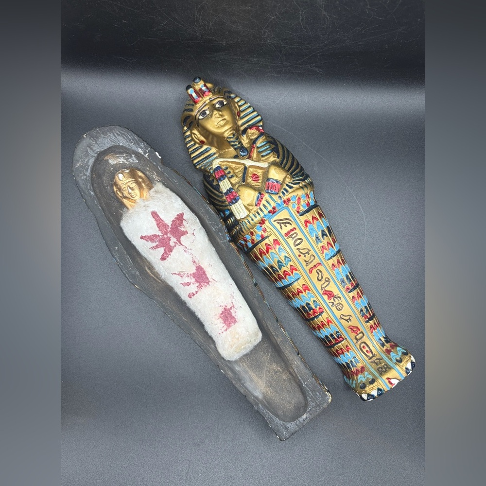 Vintage Hand Painted Egyptian King Tut Ceramic Sarcophagus w Mummy Stash Box
